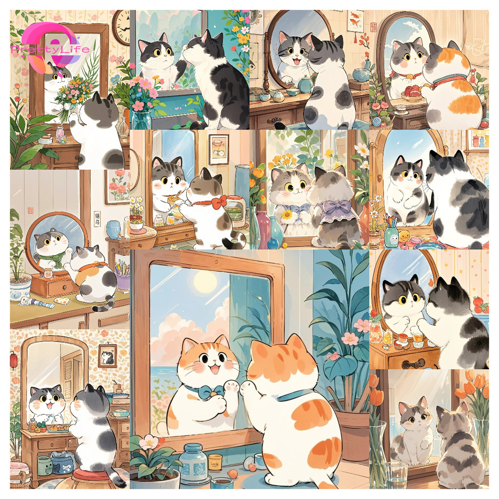 PLลูกแมวน่ารักดูในกระจก 5d เพชรจิตรกรรมชุดคริสตัล Cross Stitch As ของขวัญตกแต่งผนัง 30x40 ซม./40x50 ซม./50x70 ซม.