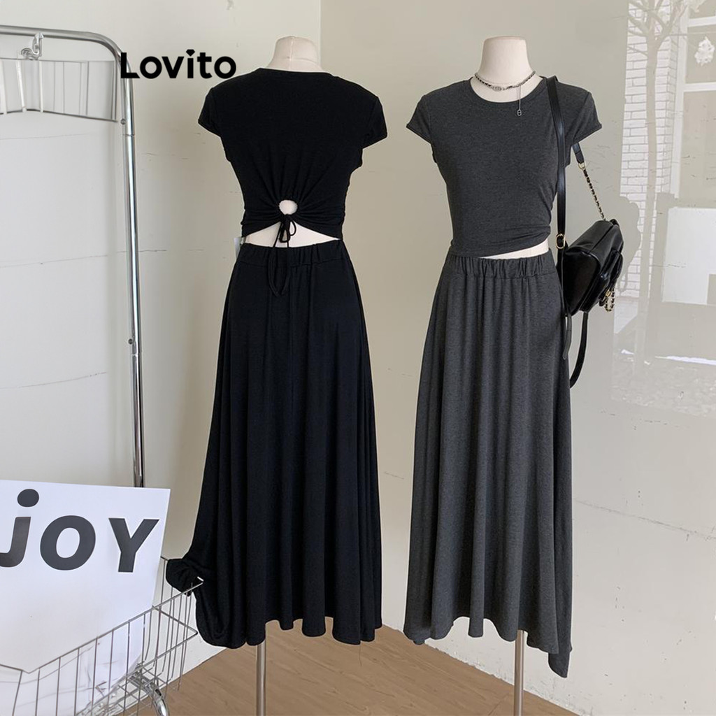 Lovito ชุดเซทกระโปรงผู้หญิง เว้าหลัง เชือกรูด สีพื้น สไตล์ลำลอง LNE61105