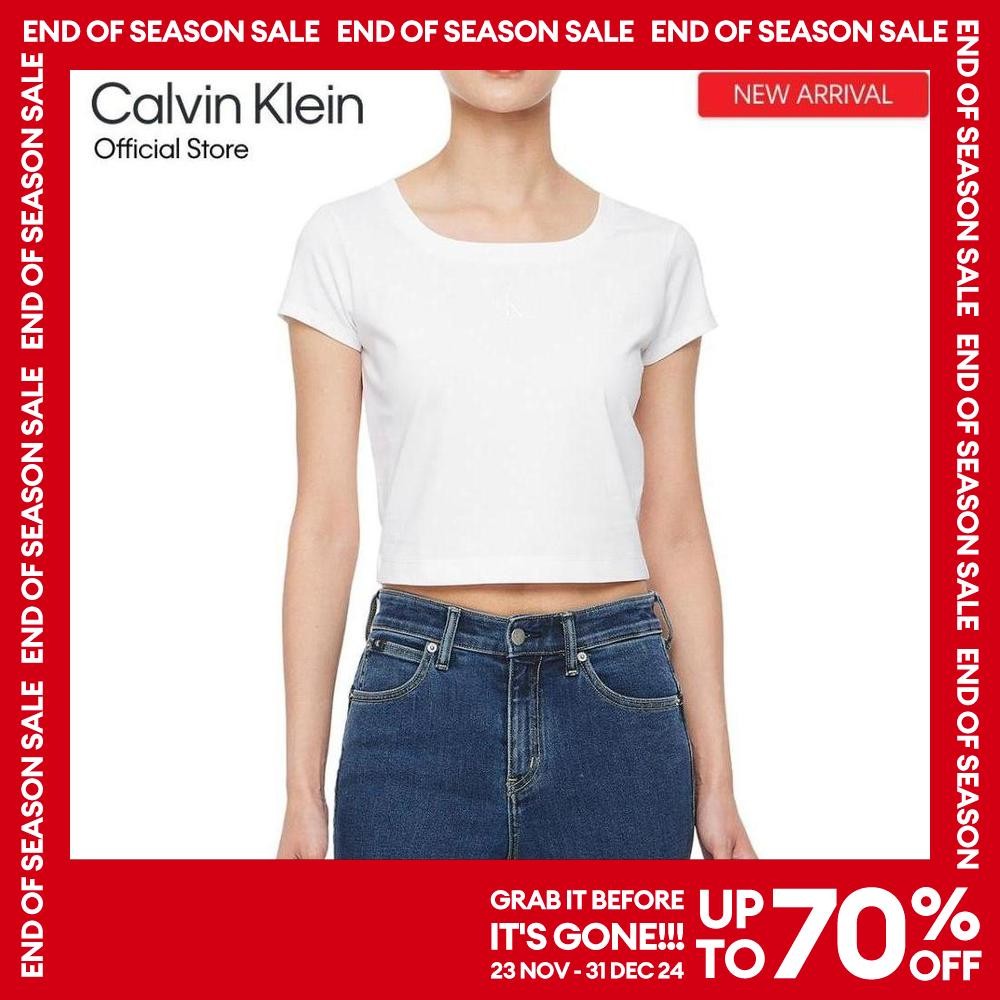 CALVIN KLEIN เสื้อยืดแขนสั้นผู้หญิง Cooling Logo Baby Tee ทรง Crop รุ่น J223905 YAF - สีขาว