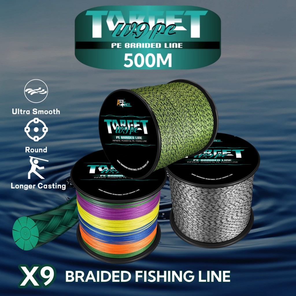 Ashconfish TaRGET 9 เส้น สายตกปลาถัก 500 ม. 15-110 ปอนด์ สาย PE หลากสี