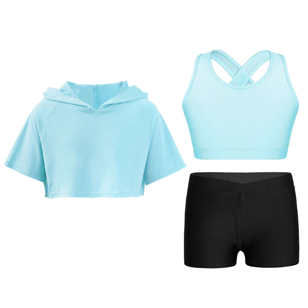 Oyolan เด็กผู้หญิง 3 ชิ้นชุดวิ่งยิมนาสติก Hooded Crop Top แขนกุด Camisole และกางเกงขาสั้นชุดโยคะฟิตเนสวอร์ม
