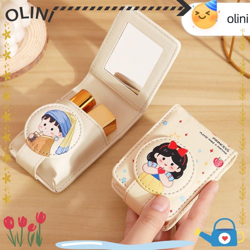 Olini กระเป๋าแต่งหน้า, กระเป๋าลิปสติกขนาดเล็กลายการ์ตูน, หนัง PU แบบพกพาพร้อมกระเป๋าใส่ลิปสติกแบบกระจก