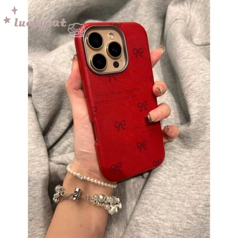 Iphone 16 15 14 13 12 11 Pro Max X Xr Xs Maxเคสโทรศัพท์Ins Red Bow Candyสีนุ่มปกหลังหนัง – โปรปัง