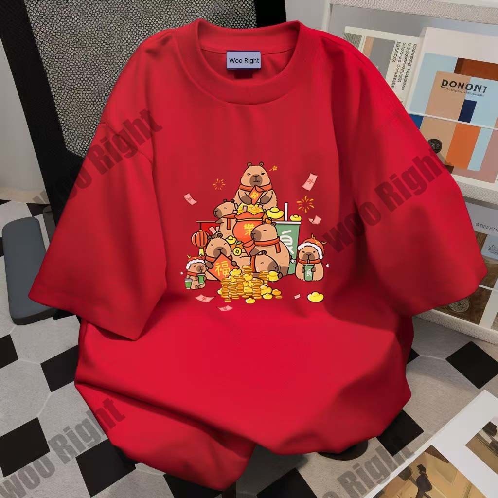 (จัดส่งตลอด 24 ชั่วโมง)Woo Right 2025 ปีใหม่จีนสีแดงแขนสั้นเสื้อยืดคอกลมคอผ้าฝ้าย 100% มหาเศรษฐี