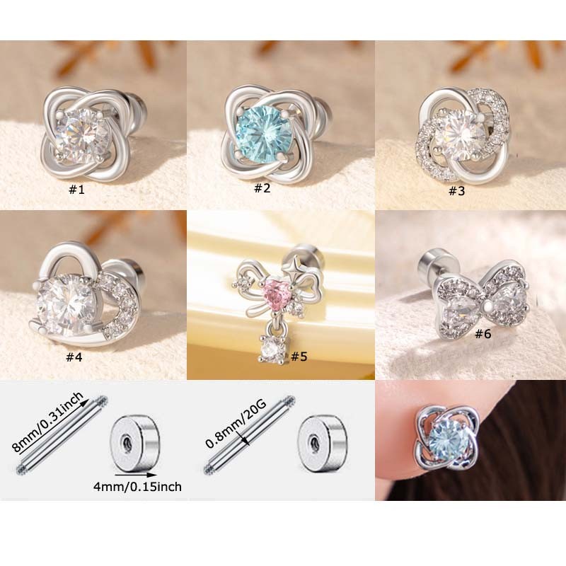 1 ชิ้นดอกไม้หัวใจ Bowknot Shape สแตนเลส Barbell แบนหัวสตั๊ดต่างหูกระดูกอ่อน Helix Lobe Pinna เจาะ