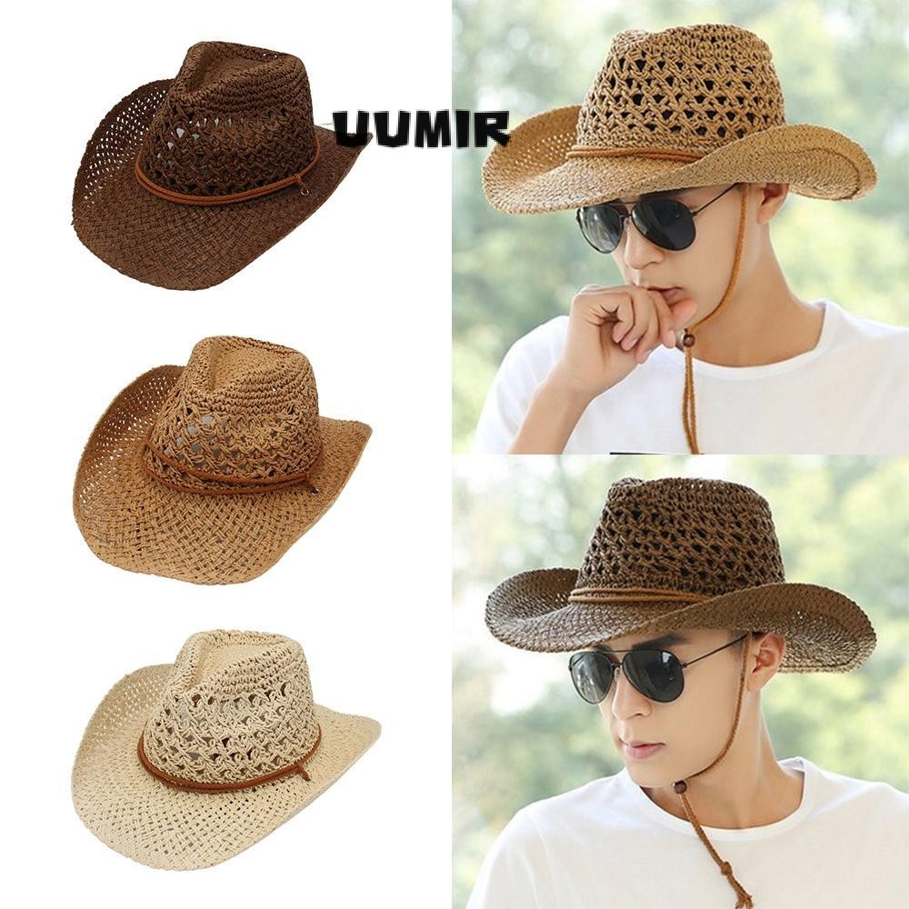 ยูมิร์ หมวกคาวบอยตะวันตก,พร้อมสายรัดคางปรับได้วันหยุดหมวกฟางคาวบอย,แฟชั่นพับปีกกว้างทอหมวกกันแดดสําหรับผู้หญิงผู้ช