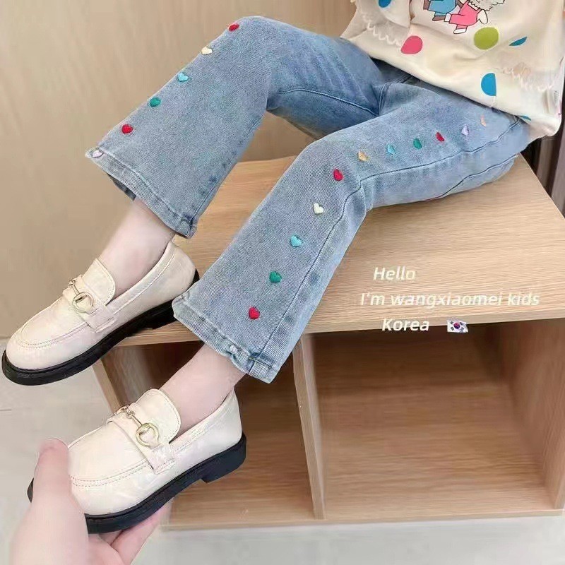 สาวยืดหยุ่นกระดิ่งกางเกงด้านล่างฤดูใบไม้ผลิและฤดูใบไม้ร่วงใหม่เด็กสไตล์กางเกงยีนส์เด็กสาวบางกางเกงขายาวบางสไตล์