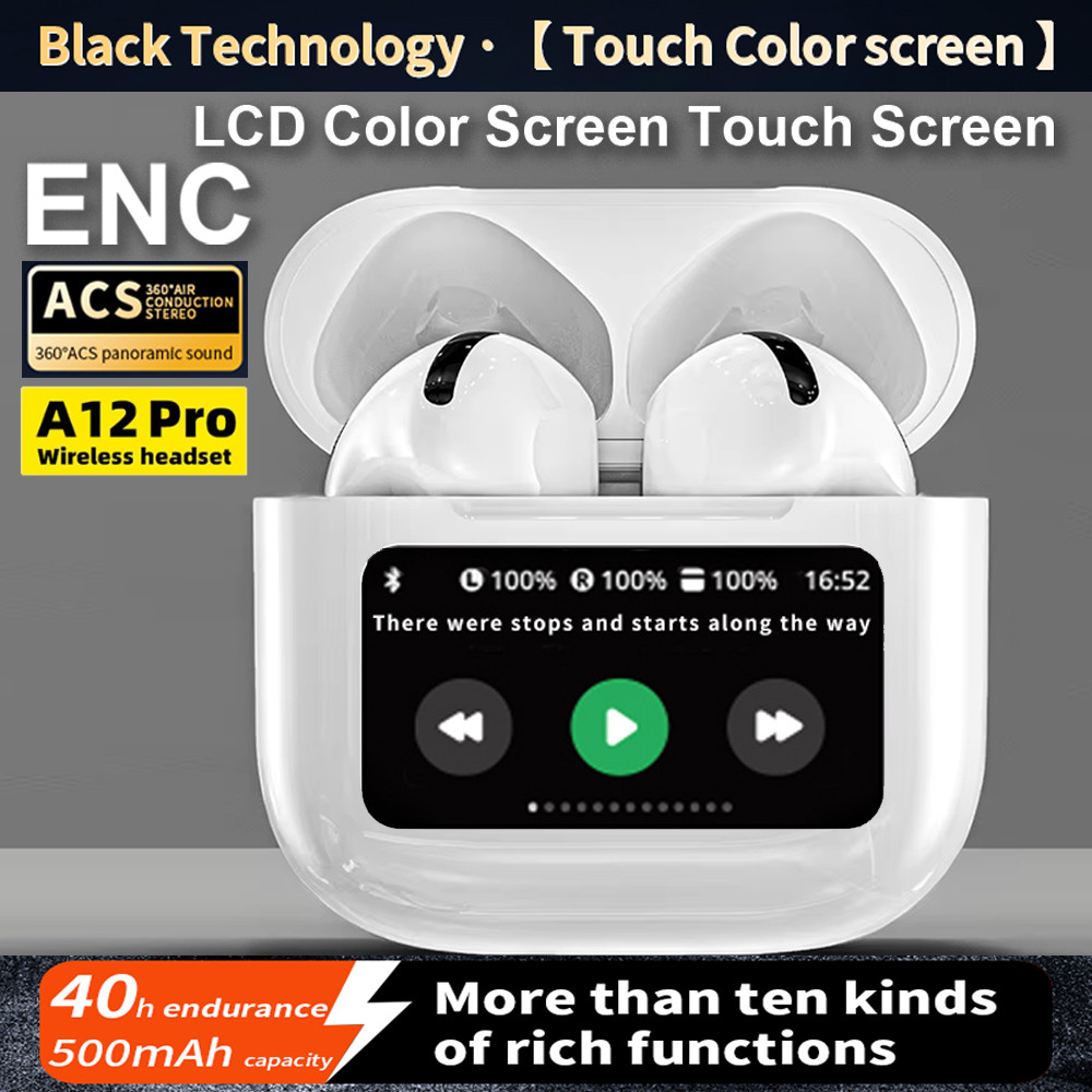 A12 Pro ENC หูฟังตัดเสียงรบกวนหูฟังไร้สาย TWS พร้อมการควบคุมแบบสัมผัสหน้าจอ LCD Equalizer Super Bass