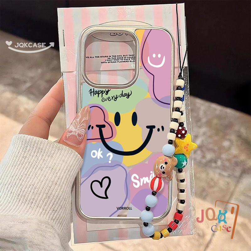 โปร่งใส ใบหน้าที่ยิ้มแย้ม สำหรับ เคส IPhone 16 15 13 12 11 14 Pro Max 7 8 16 Plus XS XR X Max SE ขอให้โชคดี กรอบโลหะ เคส