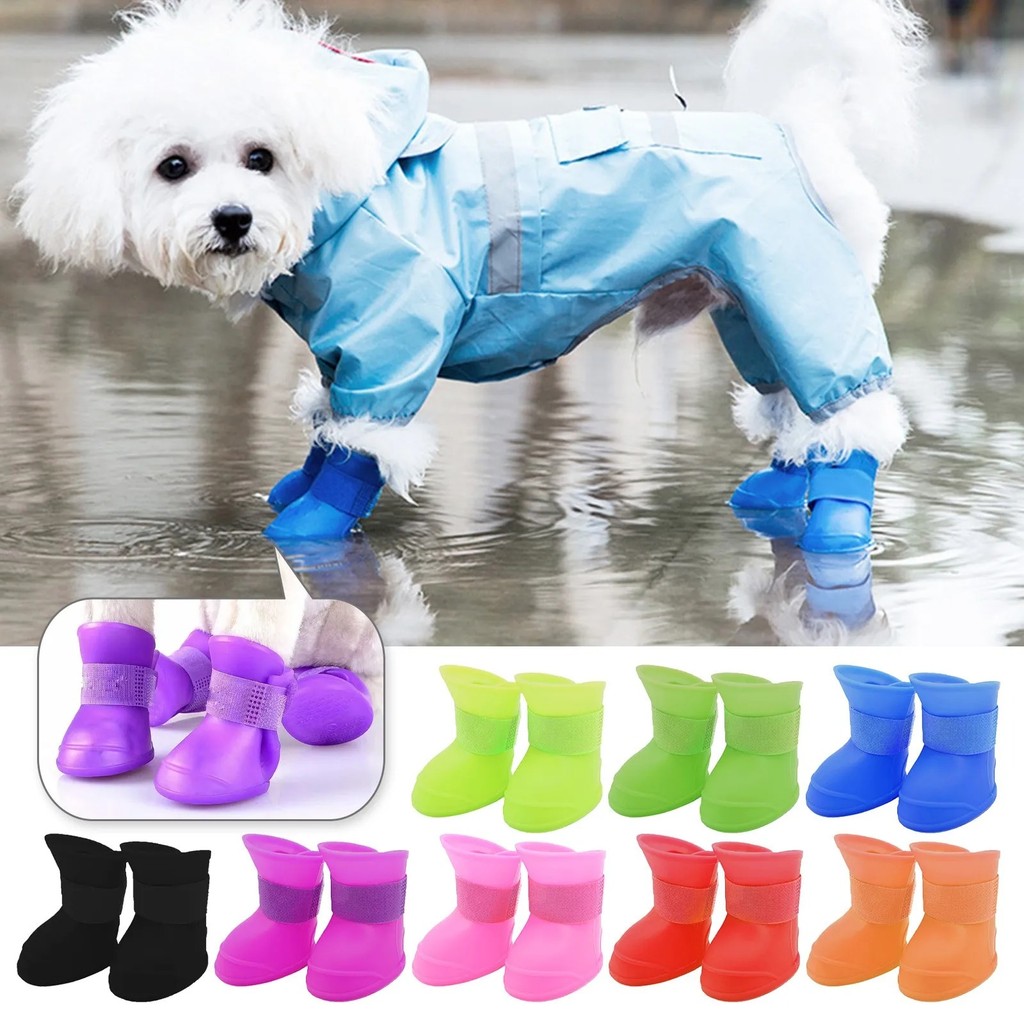 4ชิ้น กันน้ําสุนัขฝนฤดูหนาวรองเท้าสําหรับสุนัขขนาดเล็กยางสุนัขรองเท้ากลางแจ้งป้องกัน รองเท้าฝน กันลื่นอุปกรณ์สัตว์เลี้