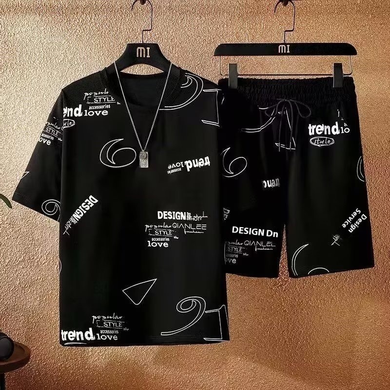 เอร์เชนชิ ชุดลําลองผู้ชายฤดูร้อนเสื้อยืดแขนสั้นและกางเกงขาสั้นเทรนด์แฟชั่นชุด