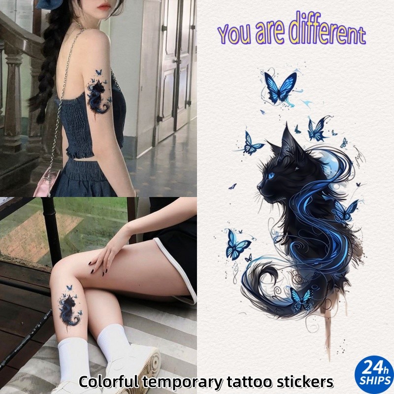 สักลายแมวสีดําน่ารักสาวขาสักสติกเกอร์รอยสักกันน้ํายาวนาน7วันสติกเกอร์ผิวชั่วคราวสักปลอม