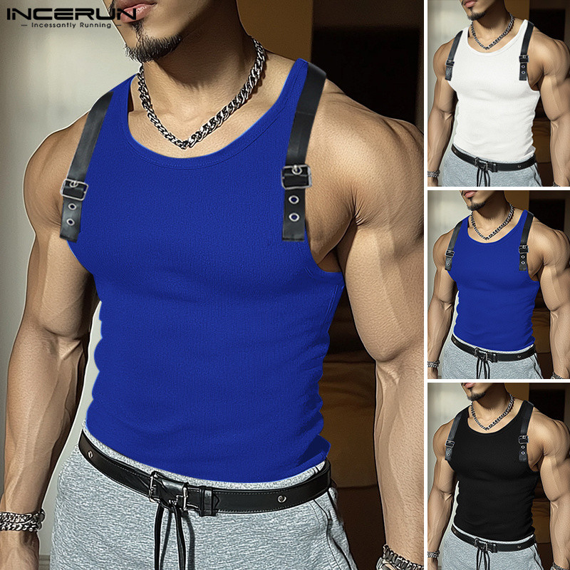 INCERUN Men Korean Street Stylish Crew Neck Leather Buckle Splicing Sleeve Tanks - รูปที่ 2