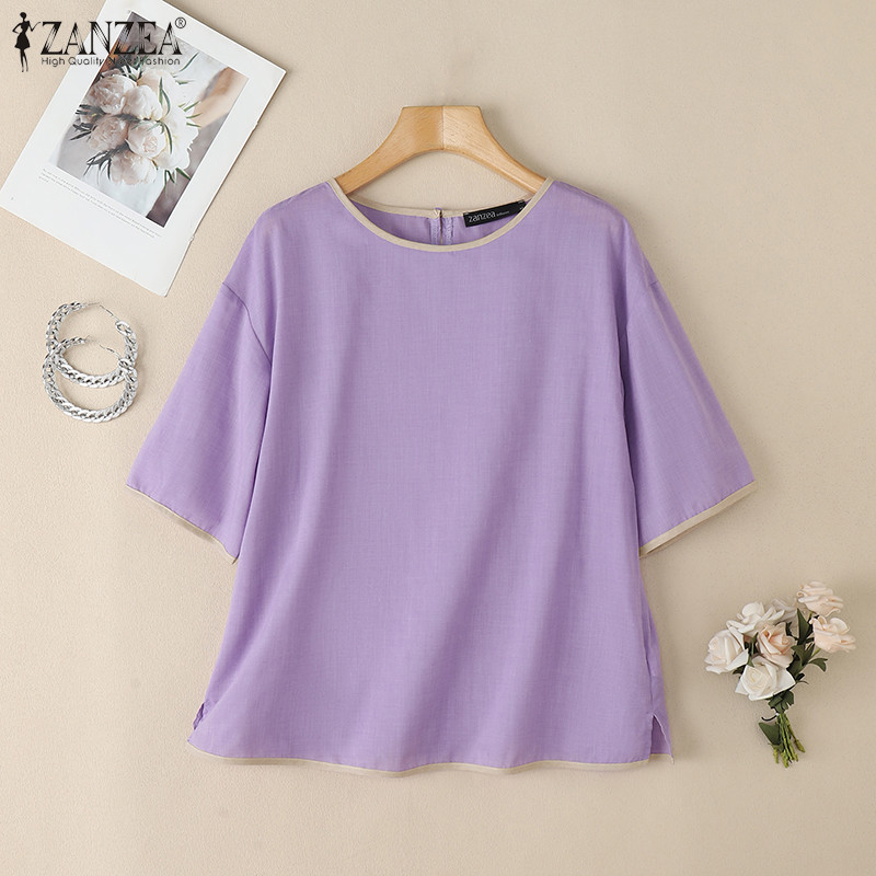 ZANZEA ใส่ ซานเซีย ผู้หญิงเกาหลีวินเทจลําลองแขนสั้นคอกลมเสื้อหลวม — صورة 6
