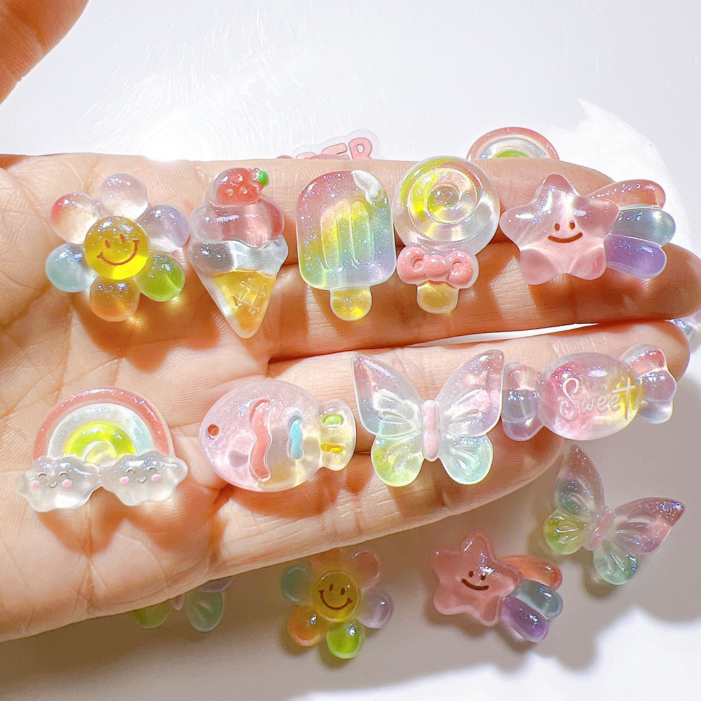 10PCS น่ารักสายรุ้งสีดอกไม้ผีเสื้อ Candy ไอศกรีมเรซิ่น Charms สําหรับ DIY (1-195)