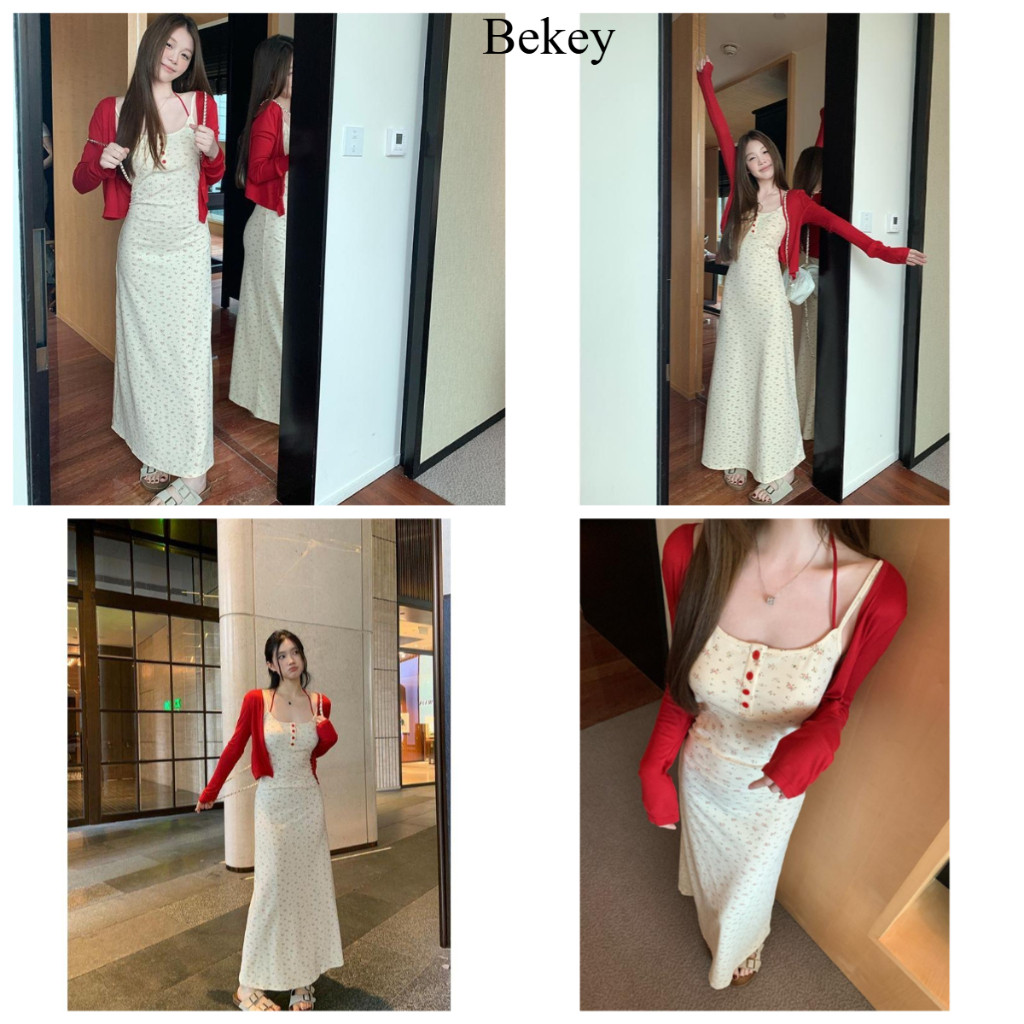 (พร้อมที่จะจัดส่งในกรุงเทพ)Bekeyฤดูร้อนรูปแบบใหม่ ผอมเพรียว สลิง เดรสยาว+คาร์ดิแกนถักแขนยาว ชุดสองชิ้น-Z262