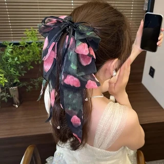 สีดําหลายชั้น Organza Bow Hair Clamp ผู้หญิงs Retro ดอกไม้ผมหางม้าคลิปผมอุปกรณ์เสริมผม