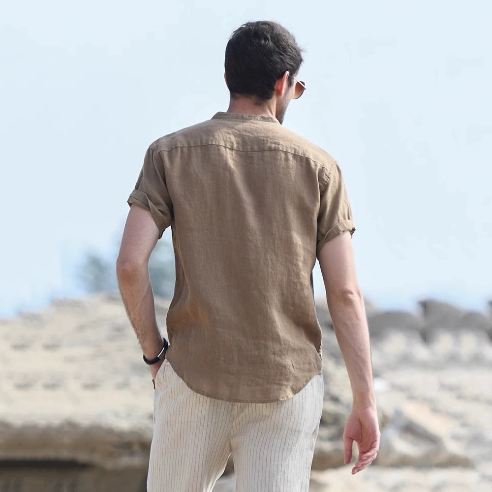 เอร์เชนชิ ฤดูร้อนใหม่ผ้าฝ้ายและผ้าลินินแขนสั้นผู้ชายเสื้อยืดยืนปกหัวเข็มขัดที่เรียบง่ายเสื้อแขนสั้น - รูปที่ 6