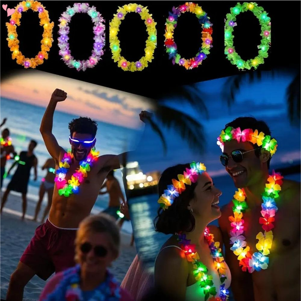 LED ฮาวาย Light up ดอกไม้ Lei Tropical Glow สร้อยคอประดิษฐ์ Rainbow Lei สําหรับผู้ใหญ่ฮาวาย Luau Themed Party Carnival Beach งานแต่งงาน Masquerade