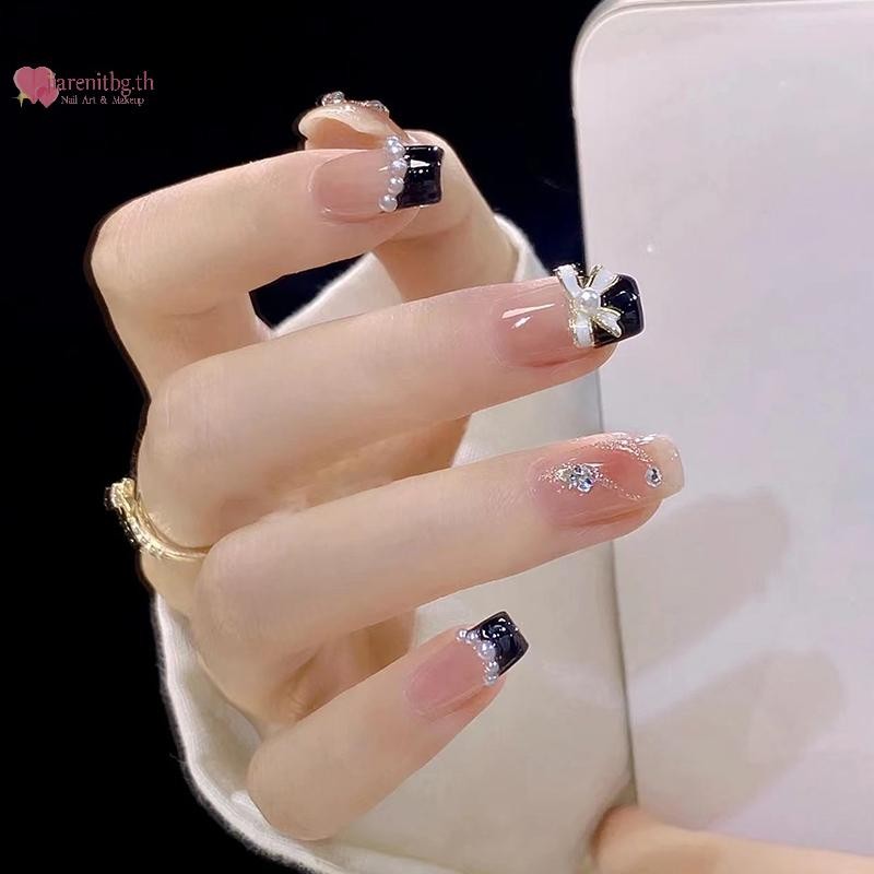 RENBG 10PCS Vintage Simple Bow Tie Charms คลาสสิกสีดําสีขาวมุกฝัง Bowknot โลหะผสมเล็บ Rhinestone ตกแต่งเล็บ Salon TH - รูปที่ 6