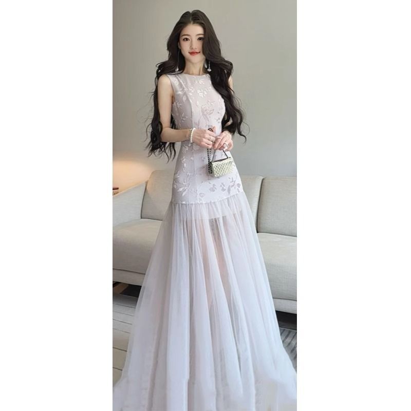 Shop French High-End สีม่วง Jacquard เสื้อแขนกุดชุดสไตล์วันหยุดเย็บเอวแคบ a-Line กระโปรงยาว 5.13