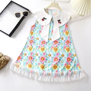 พร้อมส่ง ชุดเดรสน่าสวยๆเหมาะสำหรับลูกสาว แขนกุด คอปกปักลายเชอร์รี่ เนื้อผ้าเบา🍒