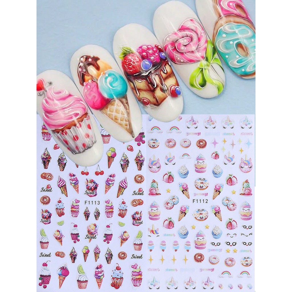 น่ารักไอศกรีมเค้กการ์ตูนออกแบบสติกเกอร์เล็บ DIY Macaron Cherry Lemon Strawberry Decals การออกแบบเล็บ 3D Self กาว Sliders