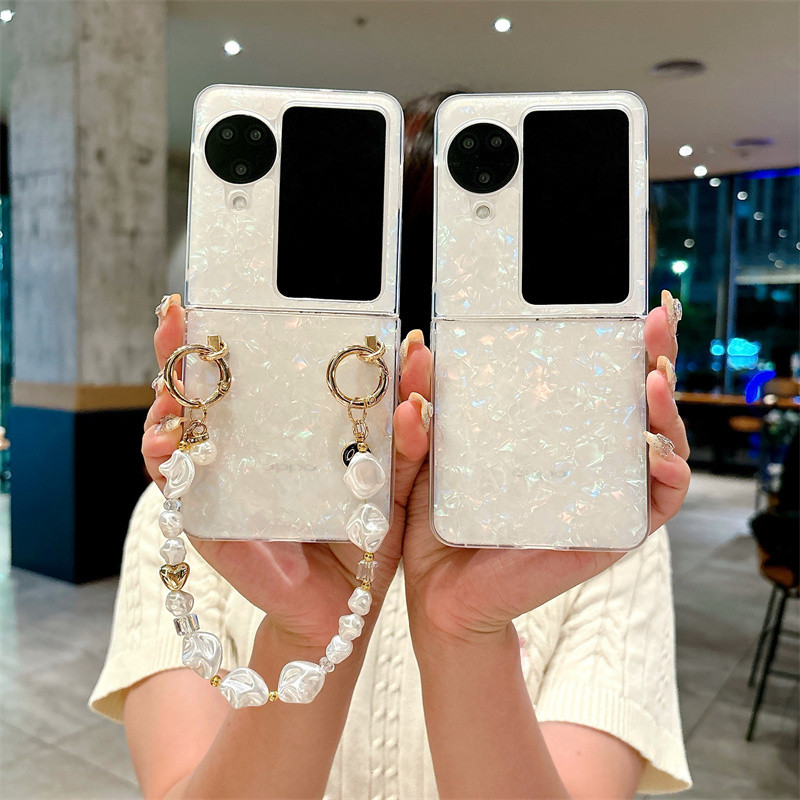 Glitter Dream Shell รูปแบบปลอก OPPO Find N3 Flip N2 Flip Case พร้อมสร้อยข้อมือมุกกันกระแทก Slim Hard