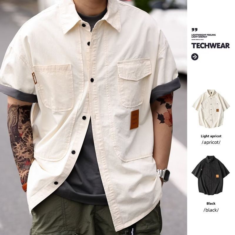 EERSHENSHI เสื้อเชิ้ตแขนสั้นหลวมๆ สไตล์ย้อนยุคสำหรับผู้ชาย เสื้อผ้าวัยรุ่น