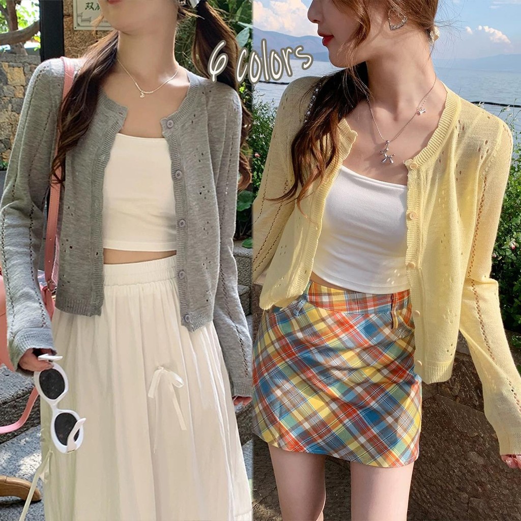 Chili Koko การป้องกันแสงแดดเสื้อคาร์ดิแกนบางสีเหลืองสำหรับผู้หญิง เสื้อคาร์ดิแกนถักไหมน้ำแข็งแขนยาว 