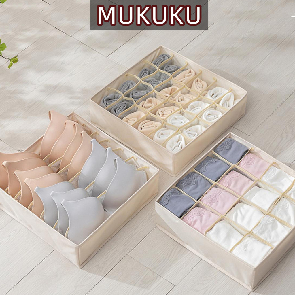 MUKUKU กล่องจัดระเบียบแบบช่อง สำหรับเก็บถุงเท้า เสื้อใน พับเก็บง่าย ใช้งานในตู้หรือลิ้นชัก