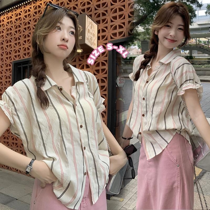 Mimi&Didi เสื้อเชิ้ตลายทางแนวตั้ง อเนกประสงค์ น่ารัก หวาน สบายๆ แขนลอย เสื้อเชิ้ตแขนสั้นผู้หญิง สีพื้นเรียบง่าย#W585
