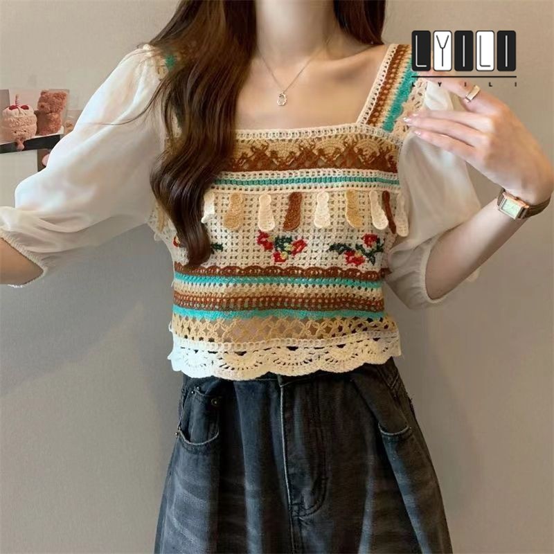 French Crochet Square Neck Crop - Puff Sleeve Petite Summer Knit