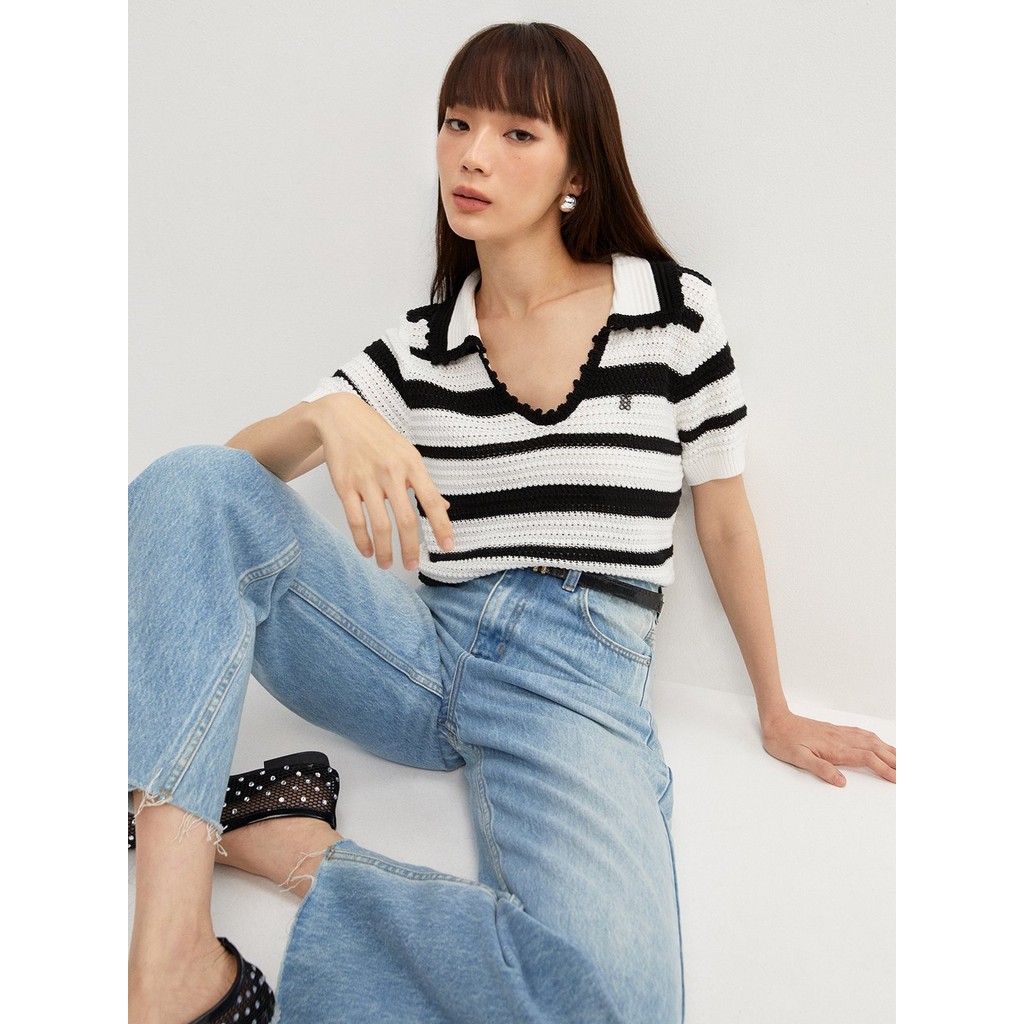 [Pomelo] เสื้อคอวีลายทาง / V-Neck Stripe Top