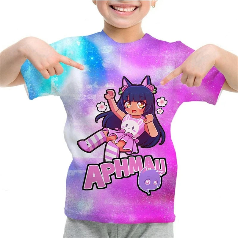 เด็ก Aphmau รูปแบบการพิมพ์ 3D เสื้อยืดการ์ตูนเด็กวัยหัดเดินขนาดเด็ก Kawaii สไตล์เสื้อยืด