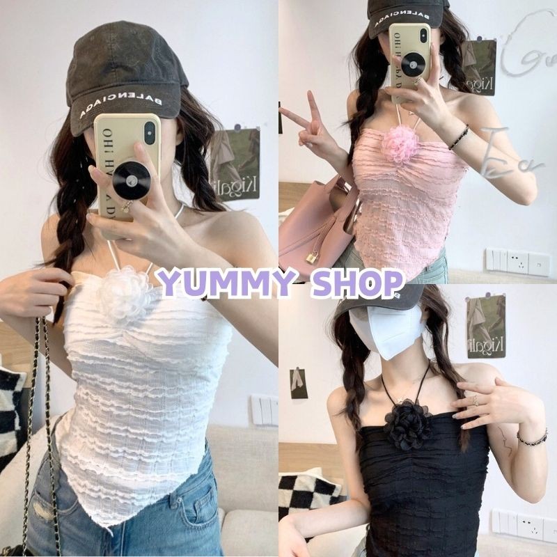 Yummy Shop พร้อมส่ง【09008】 เสื้อเกาะอกผูกคล้อง ผ่าไหมพรม เสื้อเกาะอก มีฟองน้ำ jisoo flower แถมเข็มกัดดอกไม้มี 3สี -C