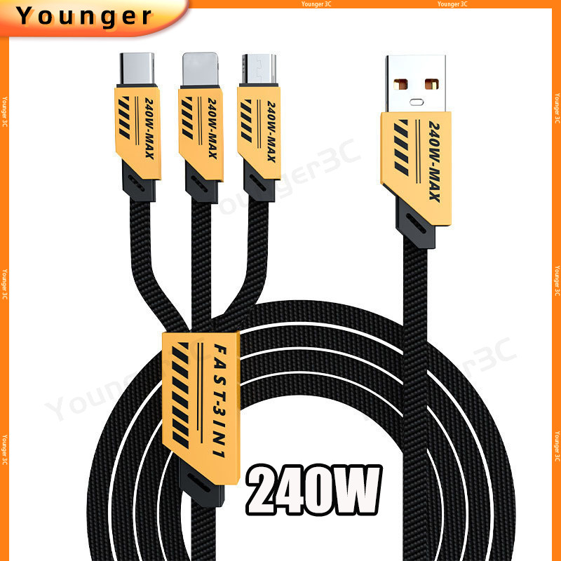 3 In 1 Cyber Mech Wind Charger Cable,240W Fast สายชาร์จ,สังกะสีอัลลอยด์ USB Data Line,ไนลอนทอสายชาร์จสําหรับ ios Micro Type C