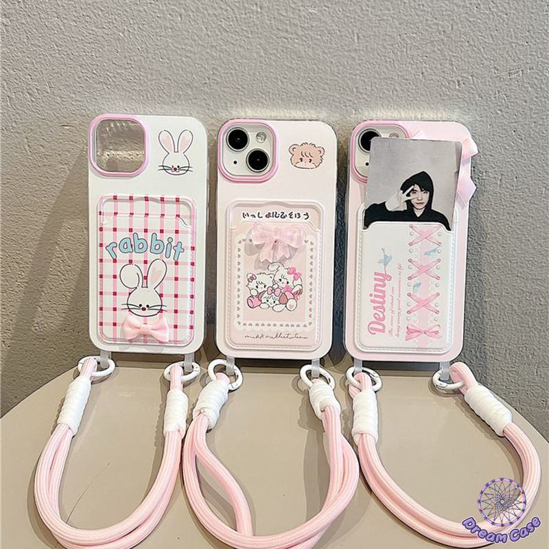 กระต่ายลูกแมวกระเป๋าสตางค์ช่องคล้องบัตรสายคล้องนุ่ม เคส IPhone 15 11 16 13 14 12 Pro Max XR 16 8 15 14 Plus X XS Max SE