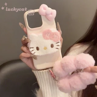 Iphone 16 15 14 13 12 11 Pro Max X Xr Xs Max เคสโทรศัพท์น่ารัก 3D DIY สีชมพูฤดูหนาวตุ๊กตาสีชมพูโบว์ KT Cat + Lanyard หนังนุ่มปกหลัง