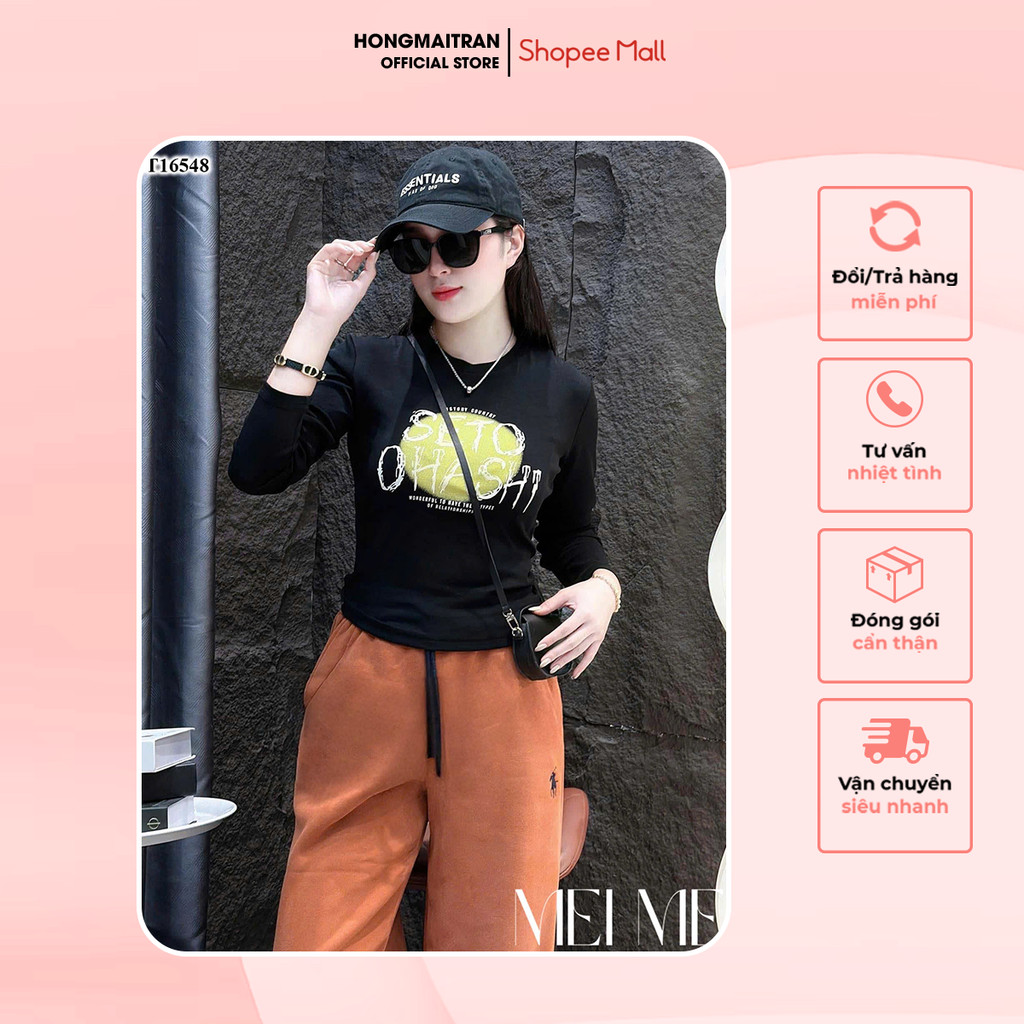 ฤดูใบไม้ร่วง-ฤดูหนาวของผู้หญิง ชุดเสื้อยืดสีดําพิมพ์ลายน่ารักและกางเกงสีส้มขากว้าง Hong Mai Tran Sto