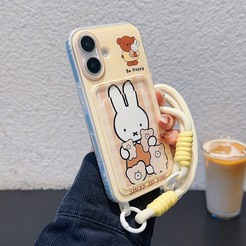 น่ารักการ์ตูน Miffy กระต่ายกระเป๋าโทรศัพท์สำหรับ iPhone 11 12 13 14 15 16 Pro Max PLUS x XR xsmax ปลอก TPU แขวนเชือก Anti Fall Soft COVER สำหรับ iphone13 Case