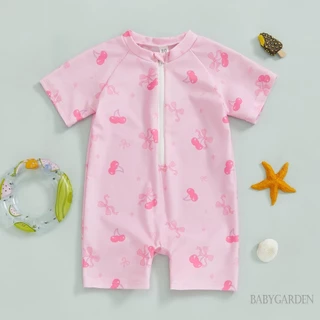 【ส่งจากไทย】 0-3years Baby Girl Rash Guard One Piece ชุดว่ายน้ํา Cherry/Bow Print Zipper Short Sleeve Zip Up ชุดว่ายน้ํา