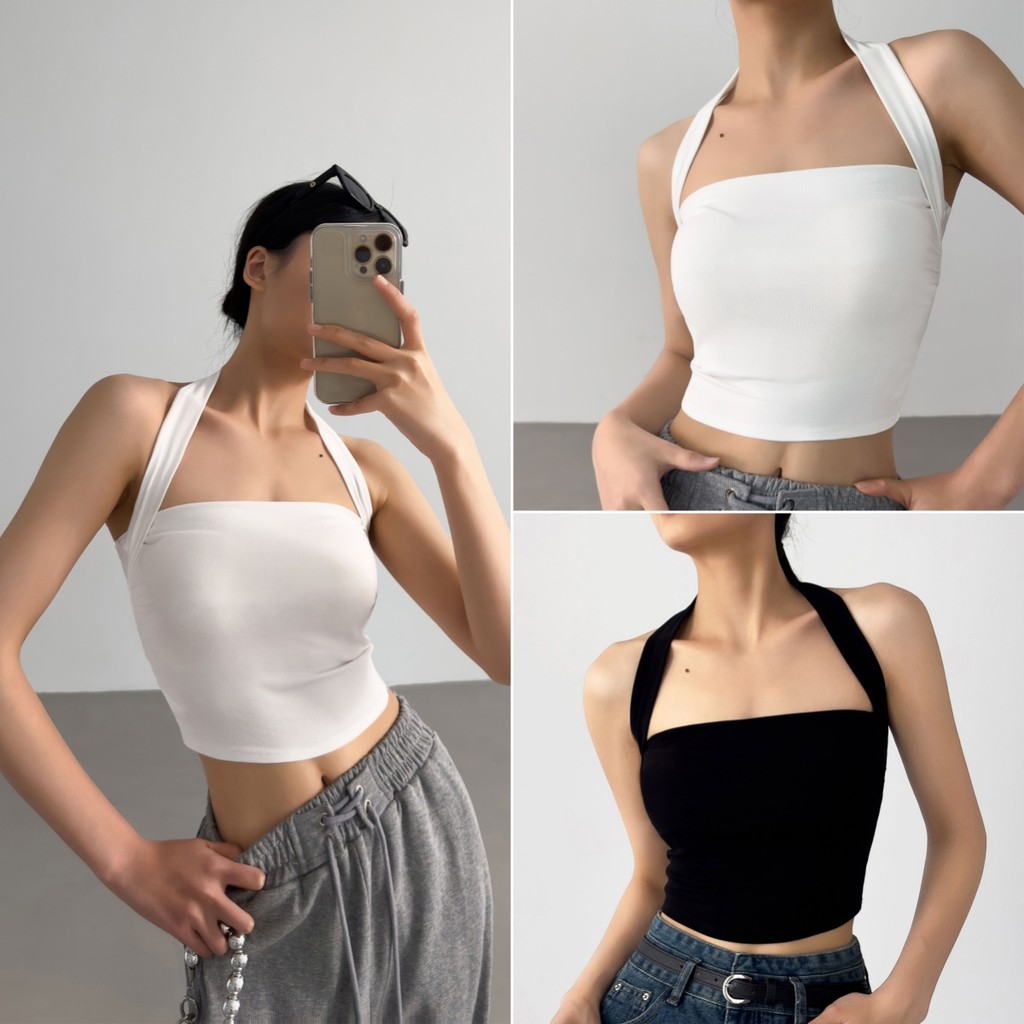 cherryshop พร้อมส่ง เสื้อกล้ามสั้นโชว์สะดือสไตล์อเมริกันย้อนยุคสำหรับผู้หญิง Y2K แขนกุด สายคล้องคอ ใส่ออกกำลังกายได้