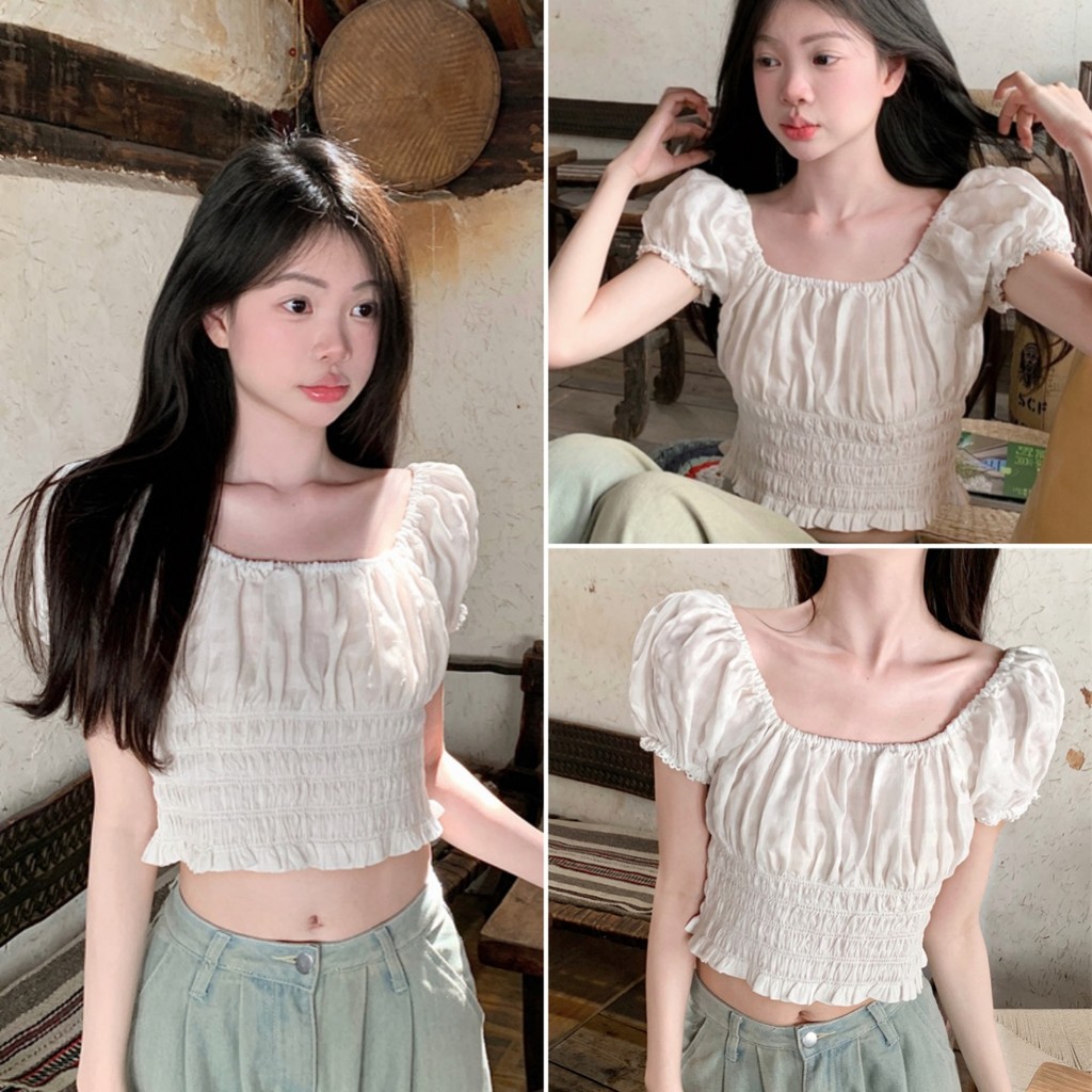 cherryshop พร้อมส่ง เสื้อยืดแขนสั้นเปิดไหล่สไตล์เกาหลีสำหรับผู้หญิง ดีไซน์แขนพอง สไตล์สลิมฟิต หวานและเซ็กซี่