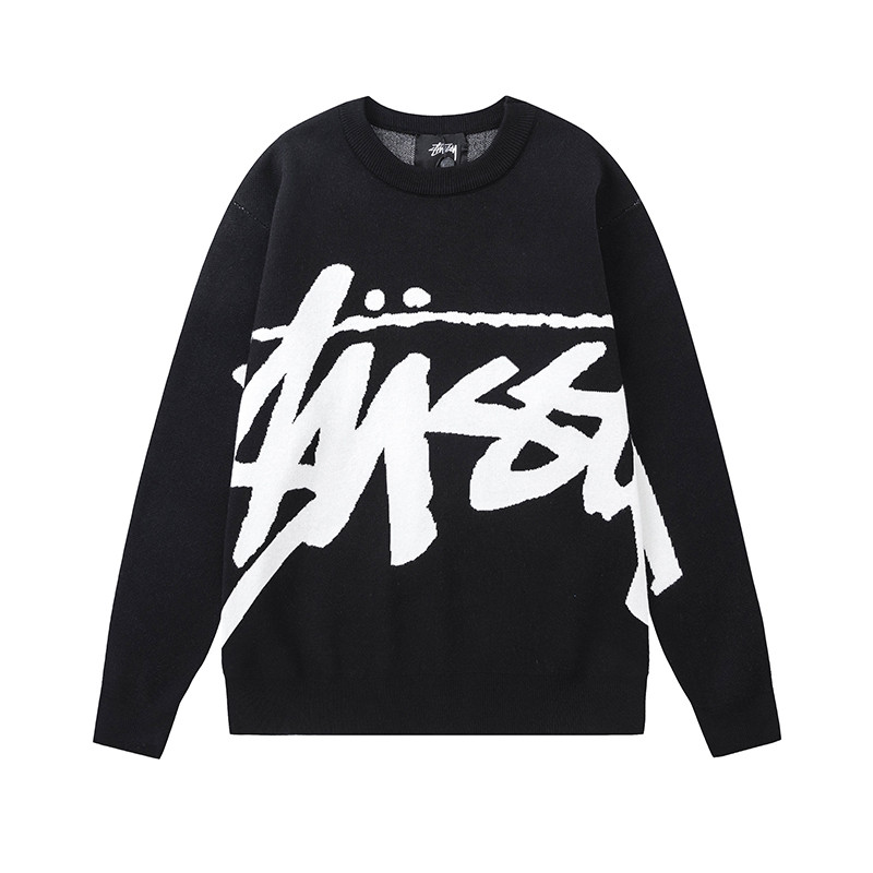 [คลังสินค้าพร้อม] Stuss---y High Street อินเทรนด์ Rock สไตล์โลโก้ Patch Stripe หลวมรอบคอฟาง Air เสื้อกันหนาว Unisex