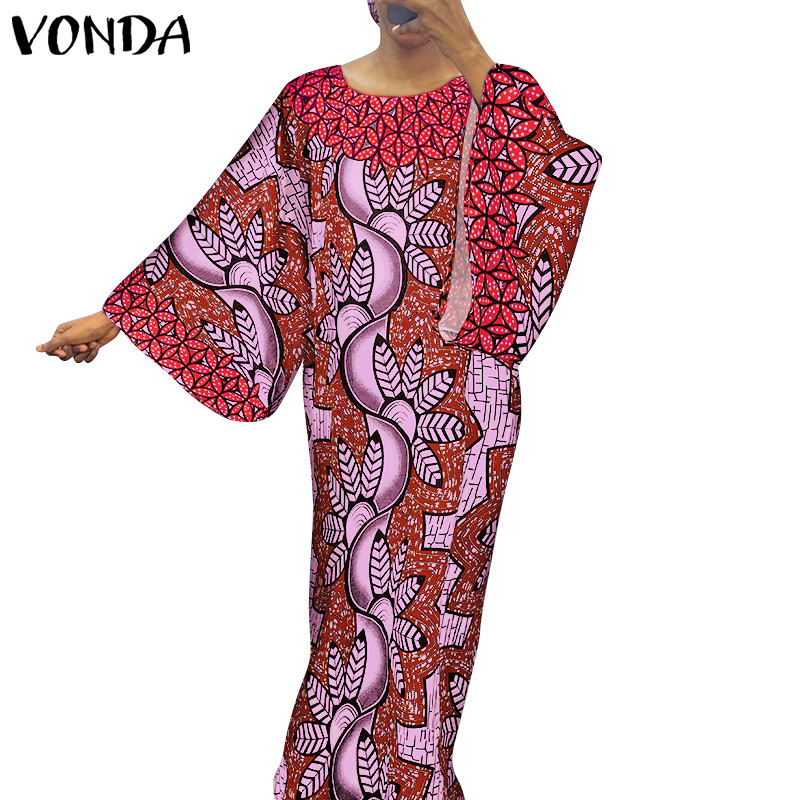 Vonda ชุดเดรสชิ้นเดียวชาติพันธุ์คอกลมแขนยาวสําหรับผู้หญิง