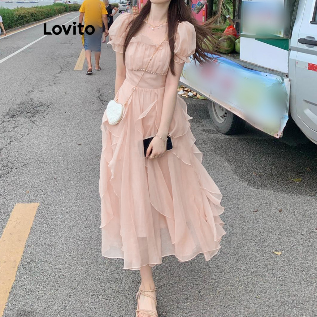 Lovito ชุดเดรส แขนสั้น คอกลม สีพื้น สไตล์สง่า สำหรับผู้หญิง LNE05069 (สีชมพู)