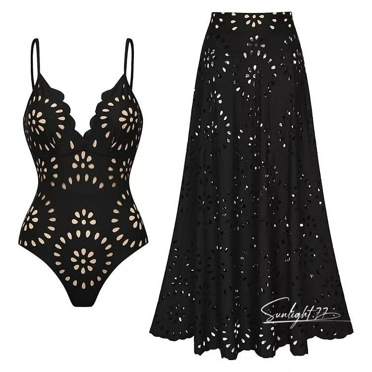 [พร้อมส่ง]Bikiniใหม่บิกินี่ชายหาดกระโปรงชุดว่ายน้ำผู้หญิงสีดำเซ็กซี่คอ V Beachwear หรูหรา One Piece ชุดว่ายน้ำฤดูร้อน
