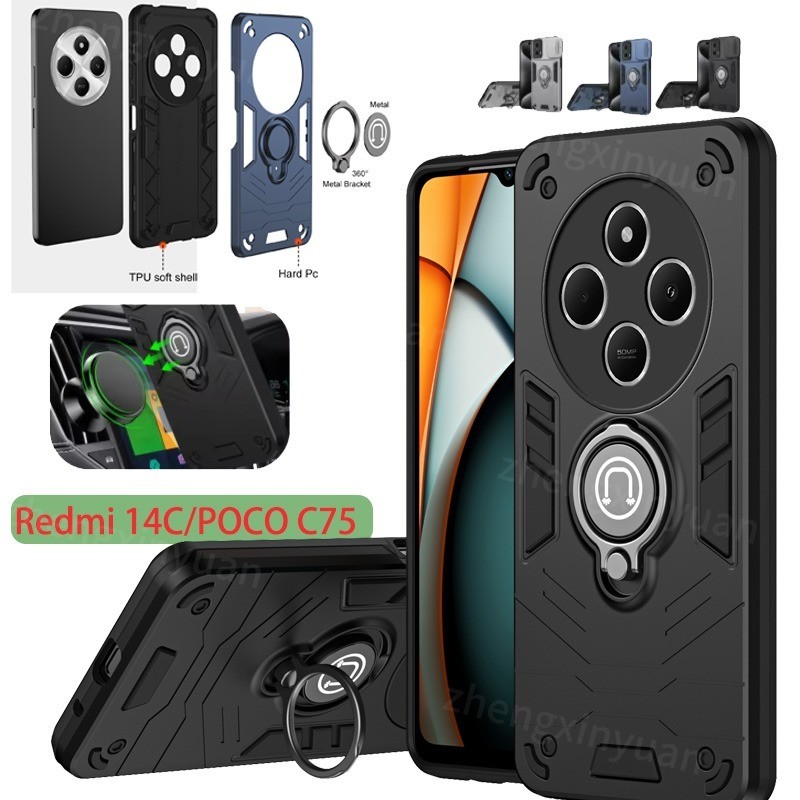 เกราะกันกระแทกสําหรับ Xiaomi Poco C75 Redmi 14C 4G 5G 2024 สไลด์กล้องเลนส์ป้องกันแหวนขาตั้งเคสโทรศัพ