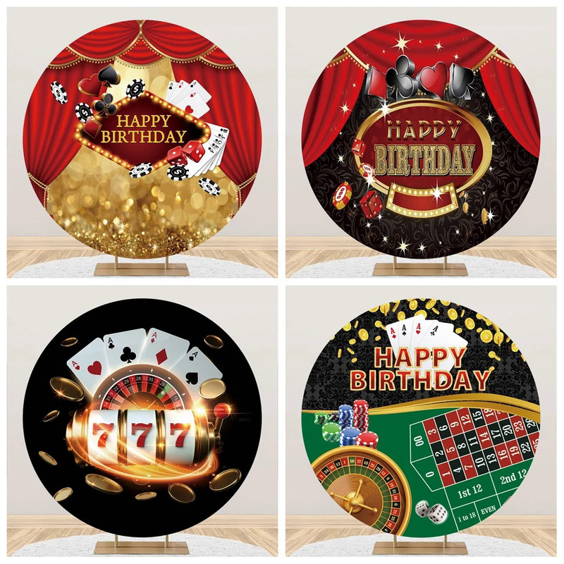 Casino Happy Birthday Party Round Photography Backdrop Las Vegas Casino Night Playing Card Golden Gl